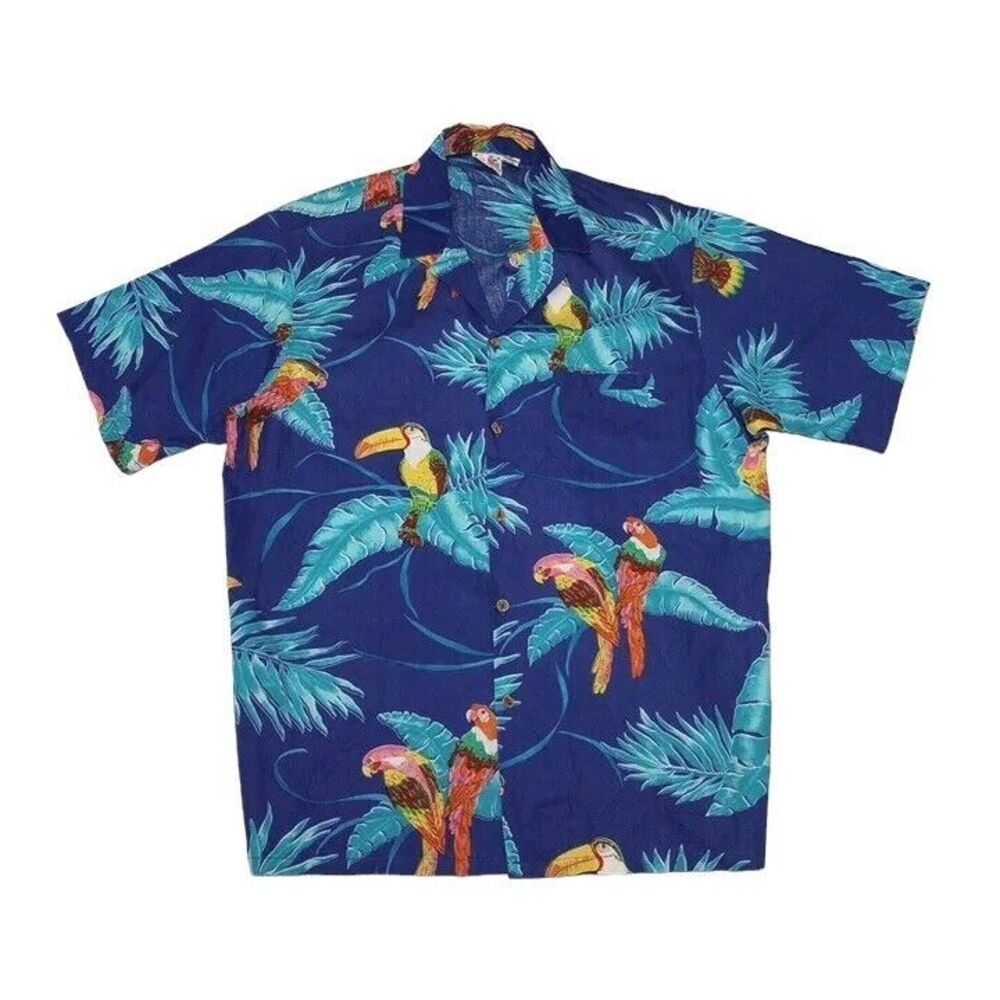 Barefoot Paradise Men's Large Hawaiian Shirt‎ Birds Parrots Toucans Button Up